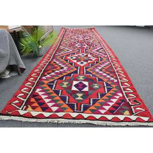 Vintage Turkish Kilim Wool <b>Rug</b> 32 X 11.2 ft Red Color Patchwork <b>Flat</b> Weave with Latex Backing - Product Image 4