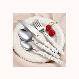 Stainless Steel Silver Plated Cutlery Set with White Pearls <b>beads</b> Design Handle High Quality Luxury Cutlery Set - Product Image 1
