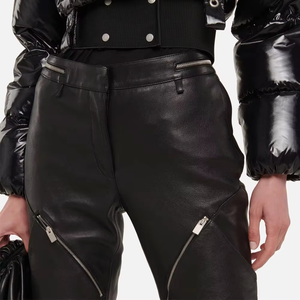 Pantalones de Cuero para Mujer al por Mayor, Hechos a Medida, Cintura Media, con Encaje, Casuales, Transpirables, con Botones, Estilo Plano, Disponibles para OEM, Primavera 2025 - Product Image 2