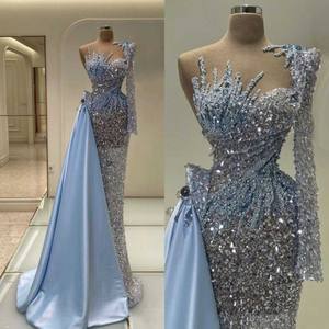 Luxury Dubai Blue Mermaid Floor-Length Strapless Evening <b>Dress</b> Built-in Bra Lace Crystal Lightweight for Women Wedding Party - Product Image 3