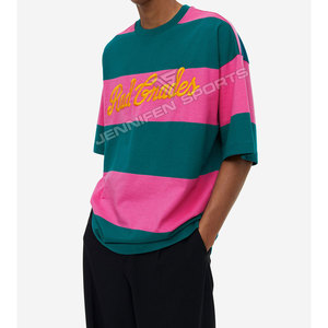 Camiseta de algodón a rayas de dos colores, estilo urbano, corte regular, hombros caídos, logotipo bordado personalizado de alta calidad, transpirable y de secado rápido. - Product Image 4