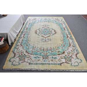 พรมตุรกีโบราณ5.9 x สีฟ้าเบจ9.1ft แบนขนสัตว์สานด้วยลวดลายเย็บปะติดปะต่อกันสำหรับตกแต่งห้องนั่งเล่นหรือใช้ในห้องโถง - Product Image 1