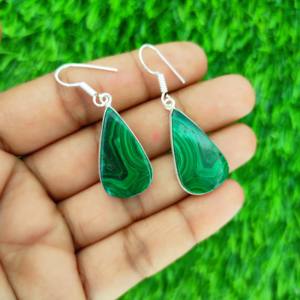Bijoux de mode pour femmes - Boucles d'oreilles en malachite naturelle de forme goutte, plaquées argent, boucles d'oreilles pendantes, ventes chaudes pour les fêtes - Product Image 1