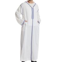 Thobe musulman pour homme blanc, détails de bordure bleu clair, manches longues, Jubba islamique, Kandura, Dishdasha, tenue traditionnelle arabe d'été