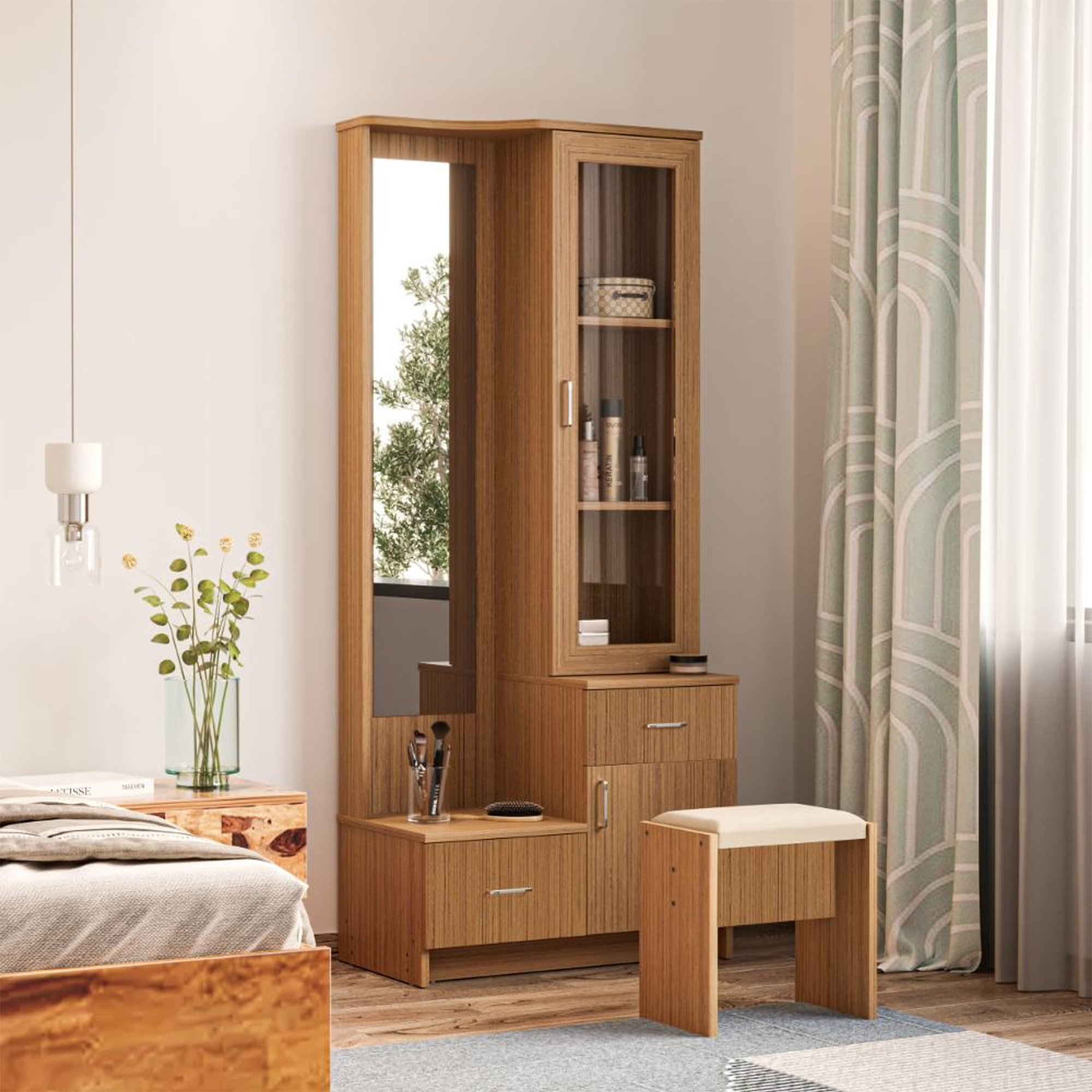 Modern Simple Bedroom Dressing Table Lighted Mirror All Solid Wood Makeup Desk Natural Wood Storage Chest Corner Dressing Table