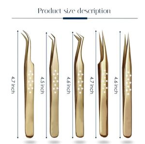 Ensemble de pinces à épiler pour extensions de cils 3D, courbées droites et en forme de L, revêtement couleur or, design ergonomique, poignée antidérapante - Product Image 4