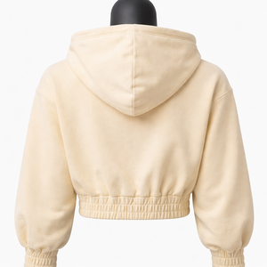 Sudadera con capucha corta para mujer con cremallera completa, dobladillo elástico, forro polar, manga abullonada, color liso, logotipo personalizado, OEM, marca privada - Product Image 6