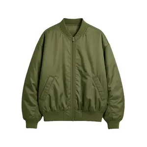 เสื้อแจ็คเก็ตซาตินทรงบอมเบอร์สีเขียวมะกอกขนาดใหญ่พิเศษพร้อมซิป - Product Image 1