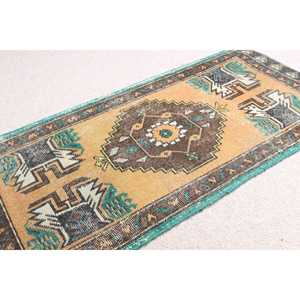 Turkish Small Rug 1.6x3.3 ft, Vintage <b>Brown</b> Abstract <b>Wool</b> Rug - Product Image 1
