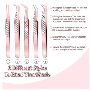 Lot de 5 pinces à cils en acier inoxydable, meilleur fournisseur, service OEM, utilisation pour les soins personnels, pointe droite et incurvée - Product Image 2