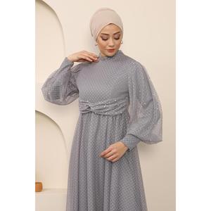 Grey MSW12238-5 Evening Dress with Pearl Detail <b>Tulle</b> <b>Material</b> Polka Dot Pattern Maxi Length Natural Waistline - Product Image 2