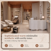 Présentation du mobilier de salon de luxe du Qatar : fauteuil de pédicure crème, bassin pour les pieds ambré, mur en pierre brute et bureau ondulé pour institut de beauté