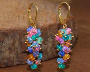 Multi <b>Opal</b> Gemstone Smooth Beads Cluster <b>Earrings</b> Natural Fire <b>Opal</b> Beaded Sterling Silver 14k Gold Plated Anniversary Party - Product Image 1