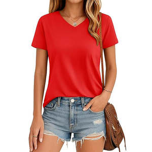 T-shirts d'été à manches courtes en tricot à col rond de coupe régulière pour femmes sérigraphiés avec logo personnalisé - Product Image 5