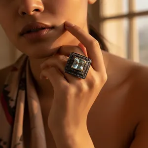 Women's <b>Statement</b> <b>Ring</b> with Blue Topaz & Black Diamonds Yellow Gold Oval Cut Rhodium Plated - Product Image 3