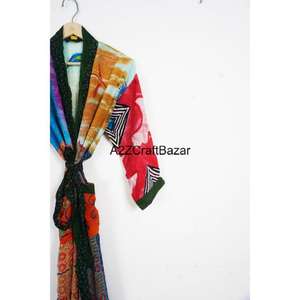 Vintage Bohemian Floral Silk Kimono Women Summer <b>Hippie</b> Style V Neck Drawstring Full Length Sleepwear Nightgown Bathrobe - Product Image 3