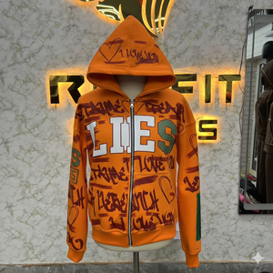 Sweat à capuche orange tendance avec fermeture éclair, veste à fermeture éclair avec strass, lavage à l'acide, vintage, lavé, sweat à capuche en molleton pour homme, streetwear - Product Image 5