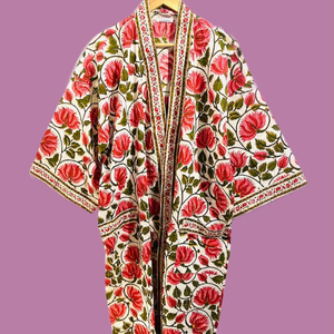 Bata Kimono de Algodón con Estampado Floral Rojo Hecho a Mano para Mujer, Túnica India Ligera, Tallas Grandes - Product Image 1