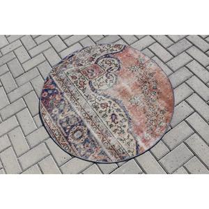 3.1x3 ft Turkish Rug, Vintage Round Rug, <b>Red</b> Blue Solid <b>Wool</b> Rug - Product Image 2