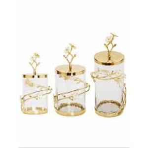 New Modern Fancy Luxury Design Gold Plated in Expensive Set of 3 Gold Color Metal Lid and <b>Glass</b> Frame Round <b>Canister</b> Supplies - Product Image 3