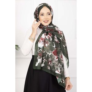 Emerald Floral Flower Patterned <b>Square</b> <b>Scarf</b> Series Made of Cotton Polyester and Silk - Product Image 1