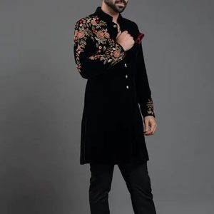 LATEST DESIGN of ZARI & RESHAM COLORFUL EMBROIDERY <b>WORK</b> on <b>BLACK</b> SHERWANI WITH <b>PANT</b> DRESS for PARTY-WEAR/WEDDING @ 2024 - Product Image 1