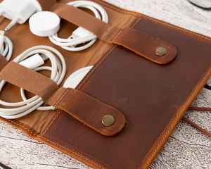 Luxury Genuine Leather <b>Cable</b> Organizer Travel Case Daily Use Waterproof Shockproof Durable <b>USB</b> <b>Charger</b> Cord LCO-0051 - Product Image 1