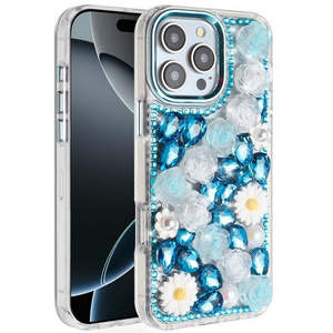 Funda para iPhone 17 Air con Brillantina y Flores de Diamantes, Color Azul - Product Image 1