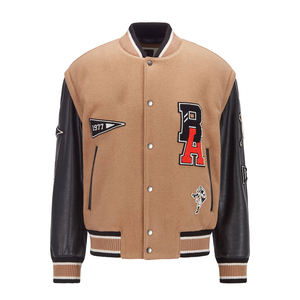 Chaqueta universitaria de lana personalizada OEM para hombre con parches bordados Diseño de retazos Sin cuello Street Baseball Letterman Bomber - Product Image 1