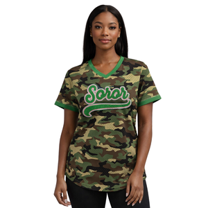 Jersey de Béisbol Camo 08 Soror, Jersey Universitario para Mujeres, Estilo Casual y Elegante, Color Rosa y Verde - Product Image 1