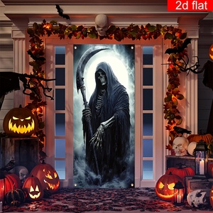 Housse de porte Halloween Grim Reaper, squelette effrayant avec faucille, design pleine lune, en polyester, pour décoration de fête maison hantée - Product Image 2