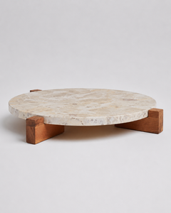 Plateau de service rond en marbre beige avec pieds en bois pour hôtel, buffet, décoration de luxe pour la maison - Product Image 3