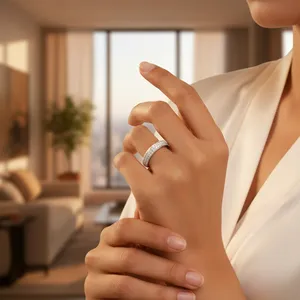 Anillo de Eternidad de Plata 925 con Circonita Cúbica de 14K para Mujer, Corte Esmeralda, Patrón Geométrico, Estilo Romántico, Rodio, Promesa - Product Image 3