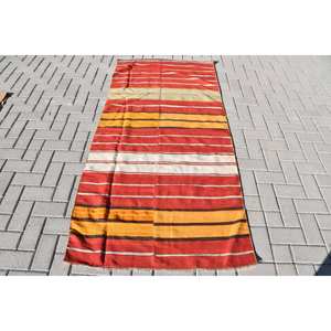 Vintage Turkish <b>Rug</b> <b>Traditional</b> Red Yellow Patchwork Design 3.2x6.8ft Wool Latex 10mm for Entryway Hallway Rectangle Abstract - Product Image 1