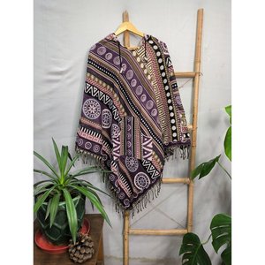 Geometric Urban Warm Hygge <b>Poncho</b> for Men and Women Yak <b>Wool</b> Blend with Hood and Pockets Handwoven and Decorated with Tassels - Product Image 3