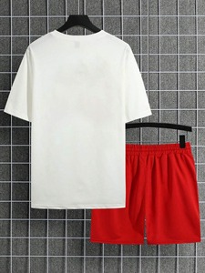 T-shirt grande taille imprimé DTG graphique de haute qualité de couleur contrastée avec short T-shirt et short en coton épais à épaules tombantes - Product Image 2