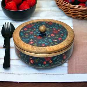 Boîte à roti chapati classique en bois imprimée en couleur de designer Casserole en bois polyvalente avec couvercle Boîte à roti en bois bol - Product Image 4