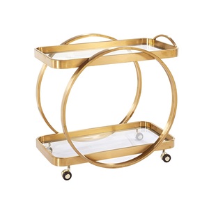 Circular Golden Trolly For Food Serving Hotel Breakfast Moving Cart Barware Vine And Beer Customized Size Metal Bar Cart