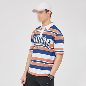 T-shirt oversize en coton bleu marine et orange à manches courtes imprimées et rayées pour homme, polos à bretelles surdimensionnées - Product Image 2
