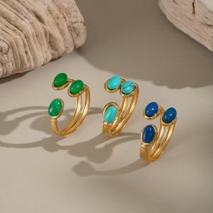 Cổ Điển Hollow Hai Lớp Mở C Hình Dạng Vòng 18K Mạ Vàng Thép Không Gỉ Ba Hình Bầu Dục Đá Tự Nhiên INlay Ngón Tay Vòng - Product Image 4