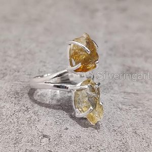 Rough Womens <b>Ring</b> Natural Citrine Gemstone November Birthstone Double <b>Stone</b> Christmas Handmade Jewelry 925 Sterling <b>Silver</b> <b>Ring</b> - Product Image 2
