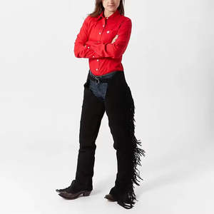 Chaps de color negro completo para montar a caballo con panel elástico para hombres y mujeres en instrumentos veterinarios de herrador de cuero de vaca genuino - Product Image 2