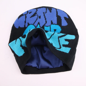 Fábrica personalizada con logotipo All Over Print diseñador acrílico Unisex Jacquard estilo gráfico Jacquard satén forrado Beanie sombreros - Product Image 6