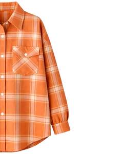Camisa Oversize de Franela a Cuadros para Mujer, Naranja, Manga Larga, Casual, con Bolsillos, Suave, para Otoño e Invierno, Venta al por Mayor - Product Image 2