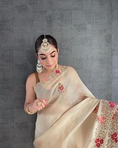 Saree georgette jaune clair de créateur lourd moderne vêtements de fête mariages fêtes tenue de broderie à la mode vente chaude pas cher - Product Image 6