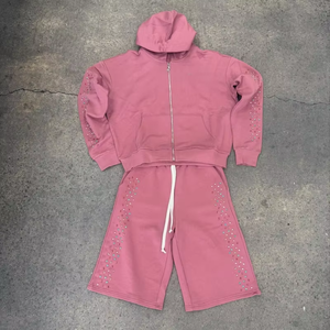 Conjunto de Sudadera con Capucha y Pantalones Cortos de Felpa Francesa con Cremallera, Diseño de Pedrería, 500 g/m², 100 % Algodón, Conjunto Deportivo - Product Image 1