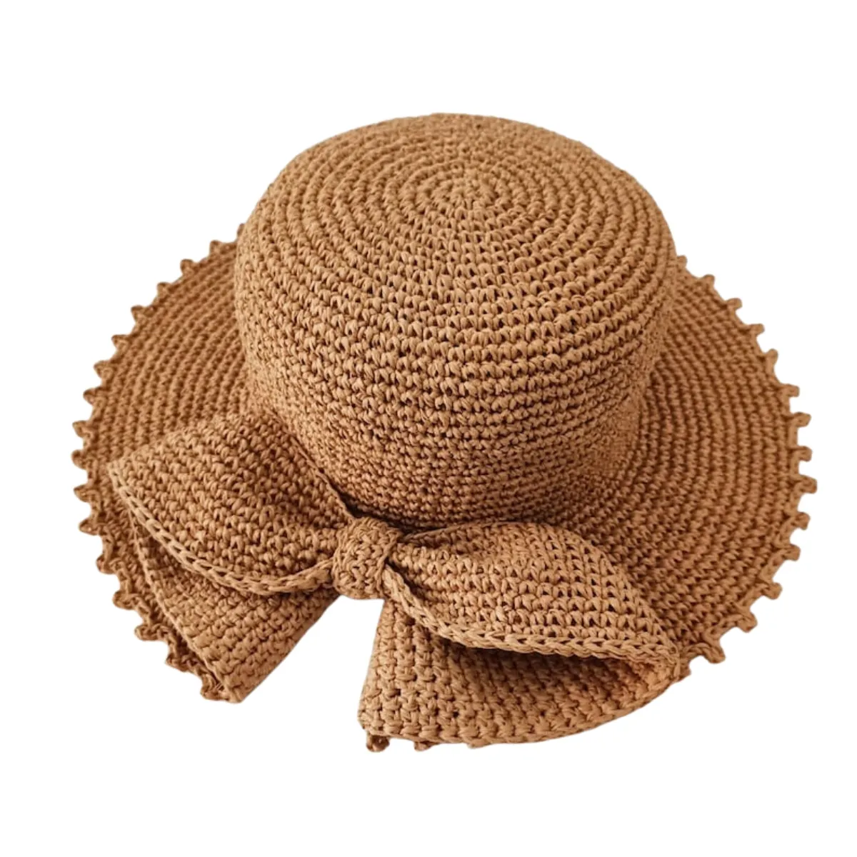 핫 세일! 도매 베스트 셀러 2023 해초 크로 셰 뜨개질 밀짚 모자 활 세부 비치 버킷 모자, 수제 여름 액세서리