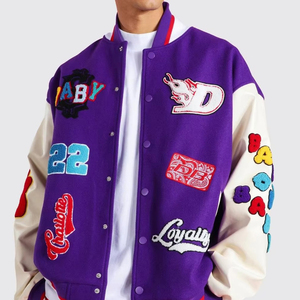 Veste universitaire personnalisée pour homme, col montant, hiver, couleur violette personnalisée, logos brodés, tissu léger - Product Image 4