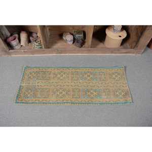 Alfombra Vintage, Pequeña, 1.5x3.9 pies, Alfombra Turca, Alfombra de Lana con Diseño Floral Azul - Product Image 4