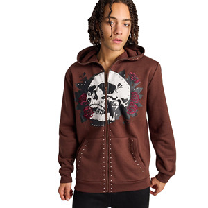 Vente en gros de sweats à capuche vieillis personnalisés vêtements de rue surdimensionnés avec strass délavés à l'acide sweats à capuche en denim d'hiver avec fermeture éclair au visage - Product Image 1